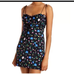 For Love & Lemons/Free People Robin Linen Ruched Floral Mini Dress Black Sz 2X